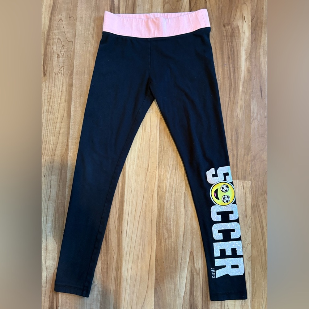 Justice Soccer Leggings, Black with Glitter Decal and Peach Waistband, Size 12 - Picture 2 of 5